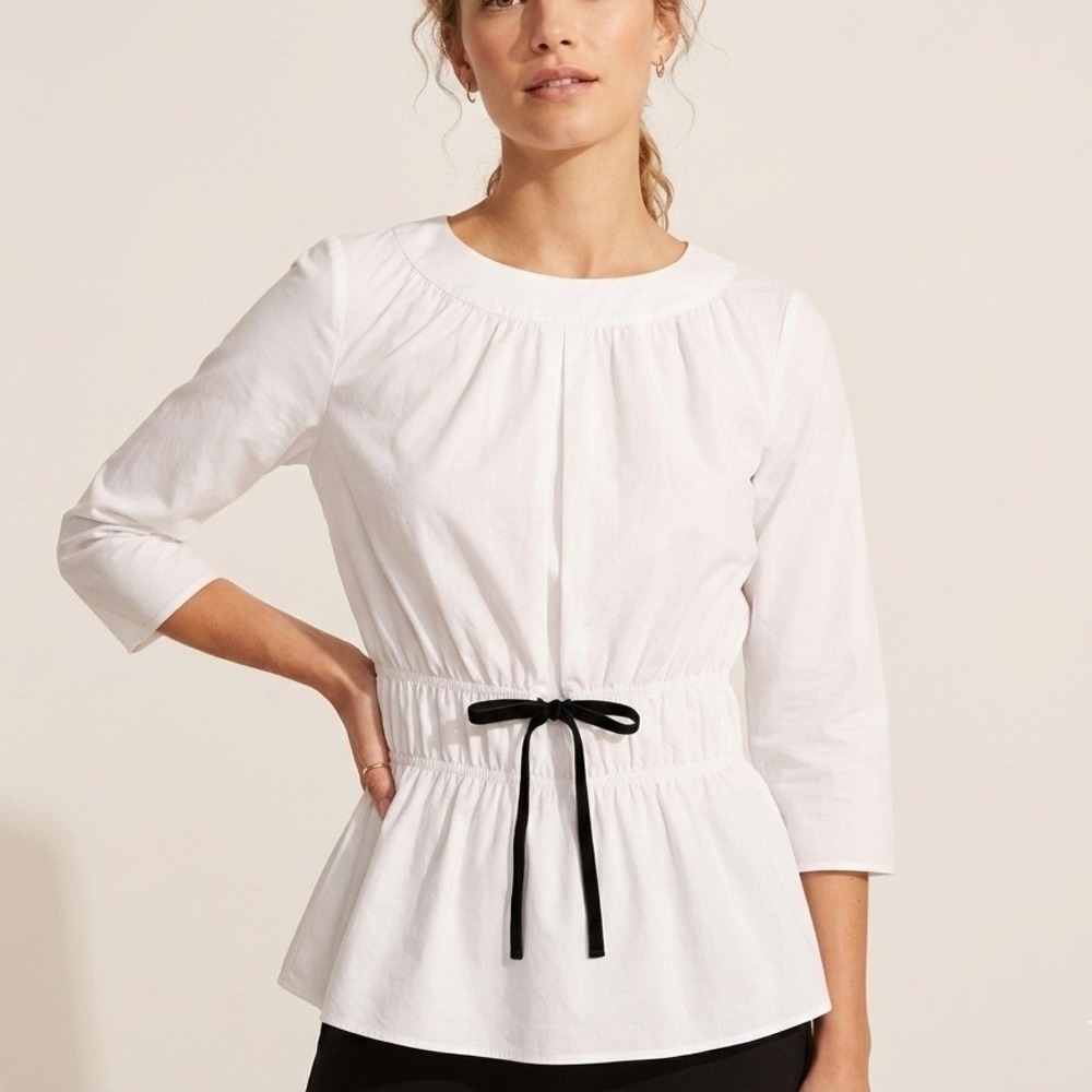 Halston Blouse Women XS White Peplum Cotton Velvet Tie 3/4 Sleeve Smocked Waist